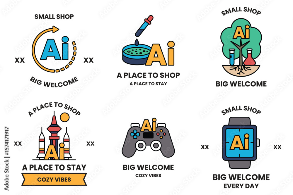Fototapete set of illustrations in the concept of artificial intelligence in line art style