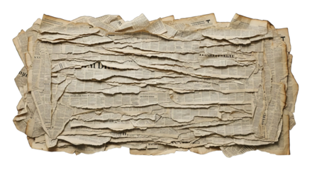 A layered collage of tattered antique newspapers forms a textured composition on a plain setting.