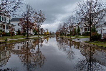 Flooded Suburban Street After Heavy Rain, Reflections of Houses, Weather, Disaster, Crisis