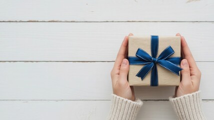 Woman s hands holding a small brown gift box tied with a blue ribbon