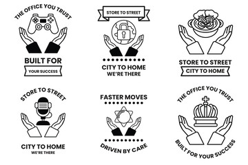 Set of illustrations in the concept of hands and business objects in line drawing style