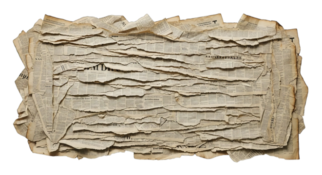A layered collage of tattered antique newspapers forms a textured composition on a plain setting.