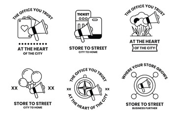 Fototapeta premium Set of illustrations in the concept of megaphones and business items in line art style