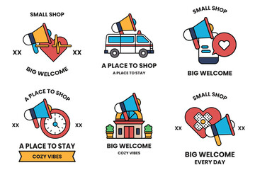 Set of illustrations in the concept of megaphones and business items in line art style