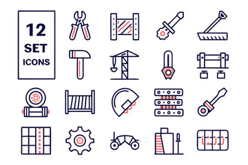 Fototapeta premium Collection of twelve distinct linear outline symbols representing various aspects of the steel industry presented in a clean and modern graphic style with versatile color options