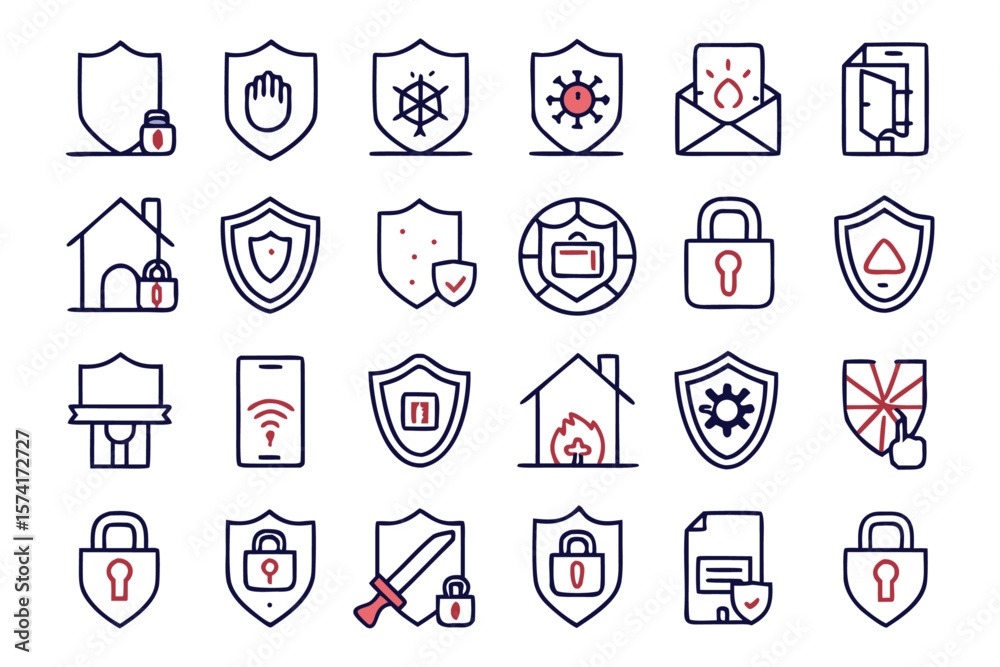 Poster collection of minimal thin line art symbols representing security protection and web interface eleme