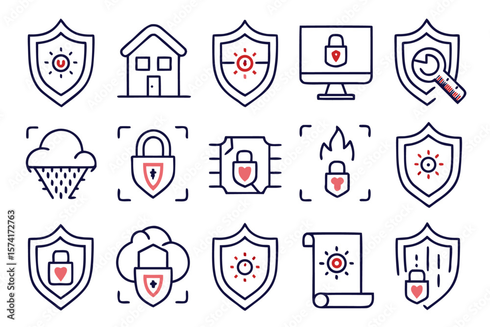 Poster collection of minimalist thin line web icons featuring a protective shield symbol for digital interf