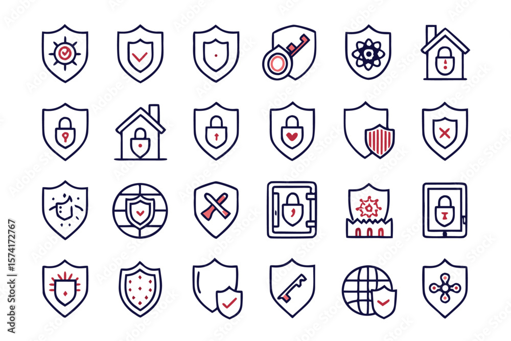 Poster collection of minimalist thin line shield symbols for web design and digital applications featuring 