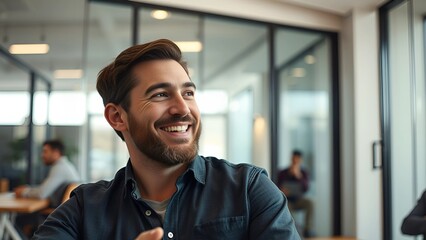 Fototapeta premium Smiling Bearded Man in Modern Office - Business Professional Portrait - Happy Workplace Lifestyle