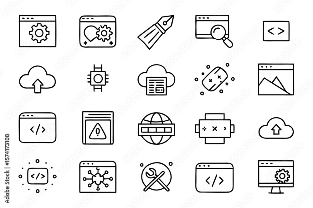 Poster comprehensive outline symbol collection for software applications featuring clean line art designs i