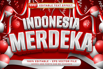 indonesia merdeka 3d text effect and editable text effect with red and white balloon Indonesian red and white flag