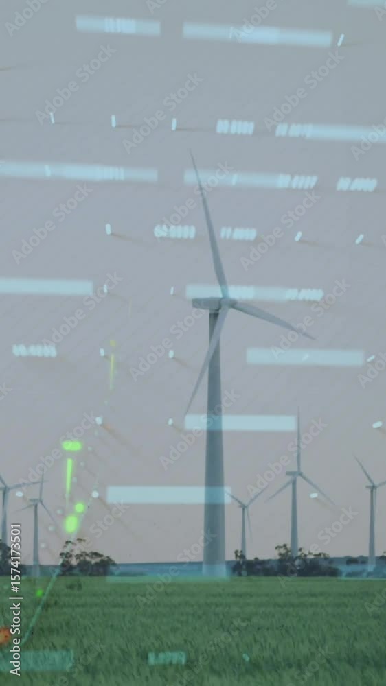 Poster wind turbines in field with data processing animation over landscape