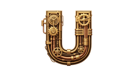 Vector steampunk letter u alphabet design mechanical typography vintage style font with gears and pipes art