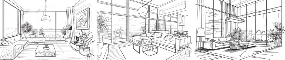 Modern Living Room Interior Sketch Vector Illustration