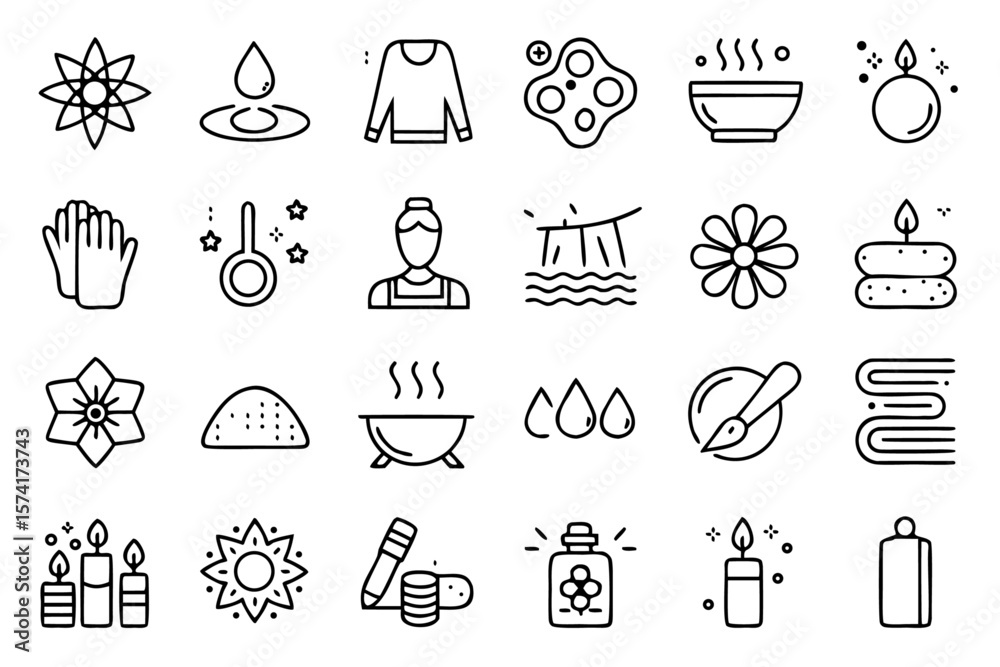 Poster collection of minimalist thin line linear style icons representing various spa and wellness elements