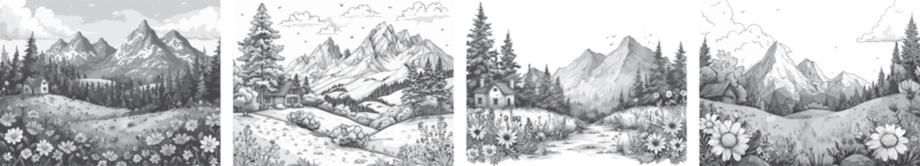 Mountain Landscape Vector Set. Hand-drawn Scenes With House and Trees.