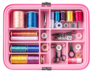  Compact Pink Sewing Kit with Colorful Spools and Tools, Isolated on Transparent Background PNG
