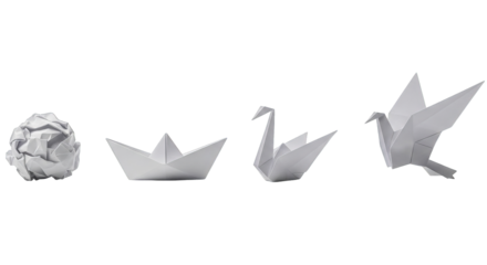 Four stages of folded white paper including a ball, boat, swan and a bird in studio lighting.