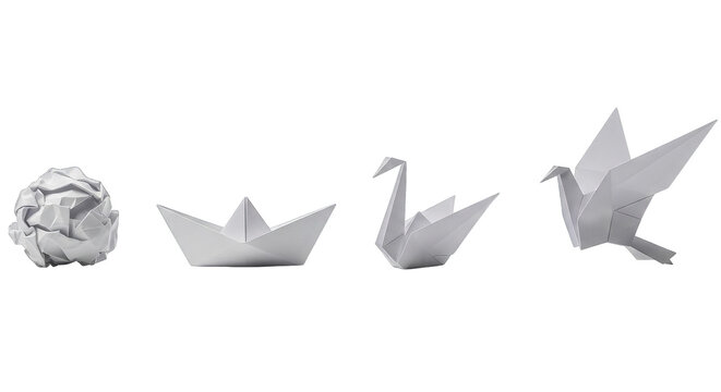 Four stages of folded white paper including a ball, boat, swan and a bird in studio lighting.