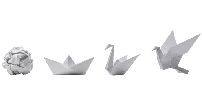 Four stages of folded white paper including a ball, boat, swan and a bird in studio lighting.