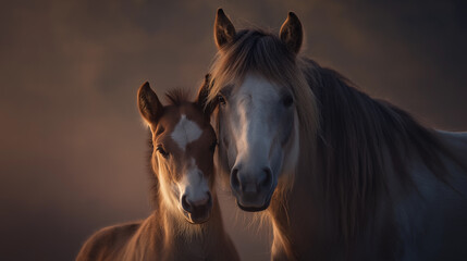 Obraz premium A mare and foal in the evening light creating tranquil moments
