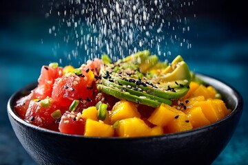Poke Bowl with Tuna, Avocado, Mango and Sesame Seeds, Hawaiian Cuisine, Healthy Eating