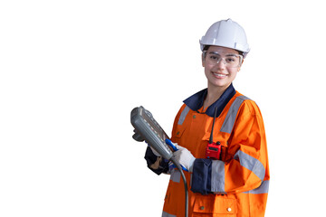 Happy smiling Asian engineer woman, smart people in modern industry with machine controller isolated