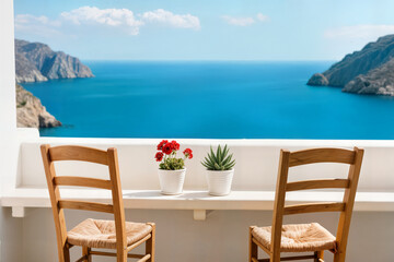 Naklejka premium wooden table on the terrace concept sea view santorini island greece selective focus mesa de madera en la terraza concepto vista al mar isla santorini grecia foco selectivo table terrasse concept