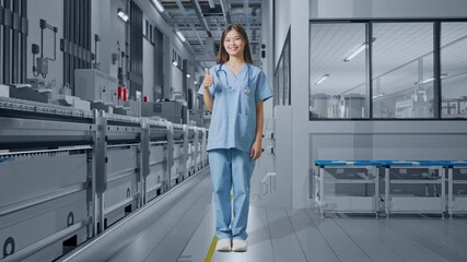 Full Body Of Asian Female Doctor Showing Thumbs Up Gesture And Smiling In Medical Factory