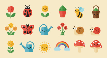 Obraz premium Cute Spring Garden Icons Flowers, Insects & More
