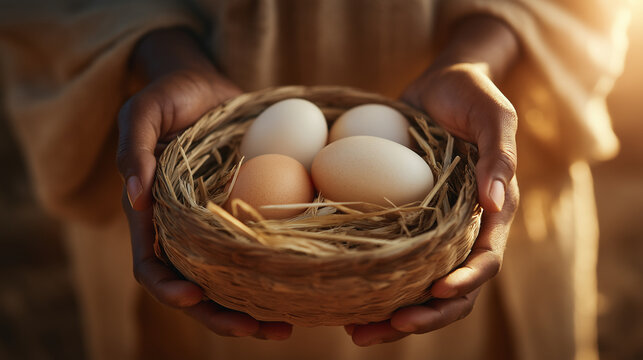Close-up of Hands Cradling Freshly Laid Eggs in Warm Light