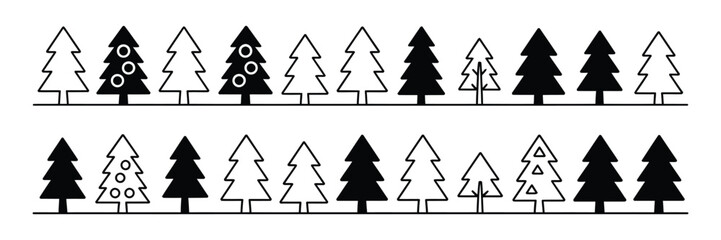 Obraz premium Black and White Evergreen Forest Outline, Minimalist Tree Row, Seamless Nature Pattern