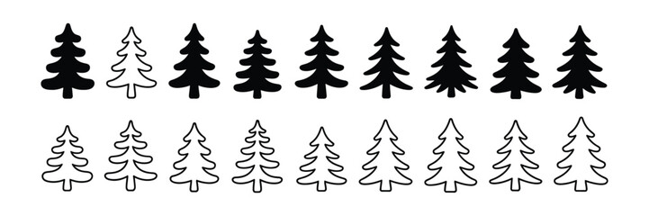 Obraz premium Black silhouette and outline variations of Christmas pine trees set on white