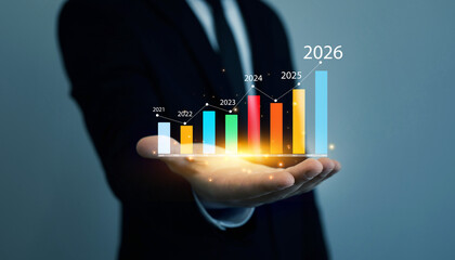 New business plans,goals,revenue and visions in business for new year 2026.New opportunity, challenge and strategy in 2026.  Increase chart arrow graph corporate business future growth new year 2026.