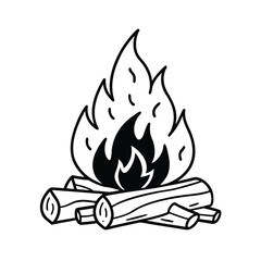 monochrome campfire illustration with logs 
