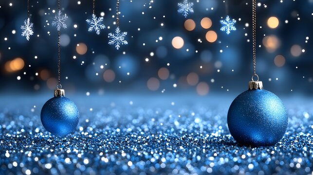 Festive image showcasing blue Christmas ornaments with snowflake charms, set against sparkling blurred lights.