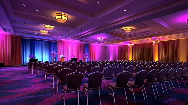 Illuminated Ballroom with Rows of Chairs, Perfect Venue for Corporate Events