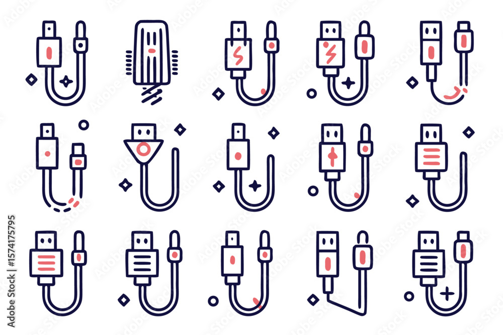 Poster a collection of essential connection symbols representing various types of data transfer and chargin