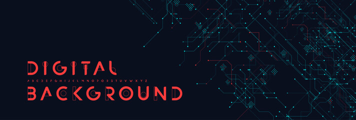 Futuristic digital circuit background with glowing interaction lines, dots and abstract connections on dark grid for tech forum, conference, innovation event, cybersecurity, AI. Vector illustration.