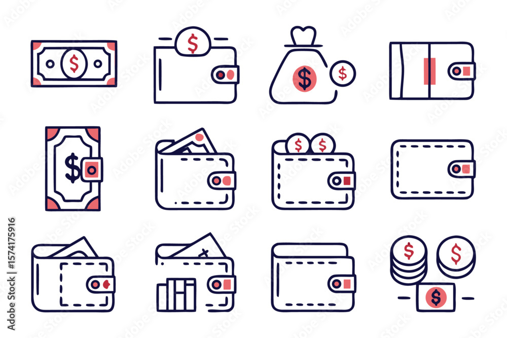 Poster comprehensive collection of clean modern line style icons representing various financial and transac