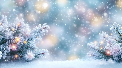 Snow-Covered Pine Branches Adorned With Christmas Lights and a Soft Bokeh Background