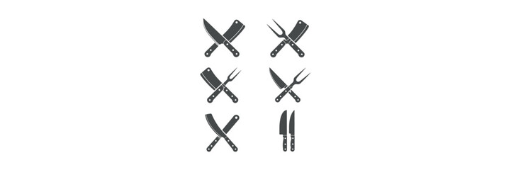 Butcher Tools Set Icons Cross Knife and Cleaver Isolated on White Background