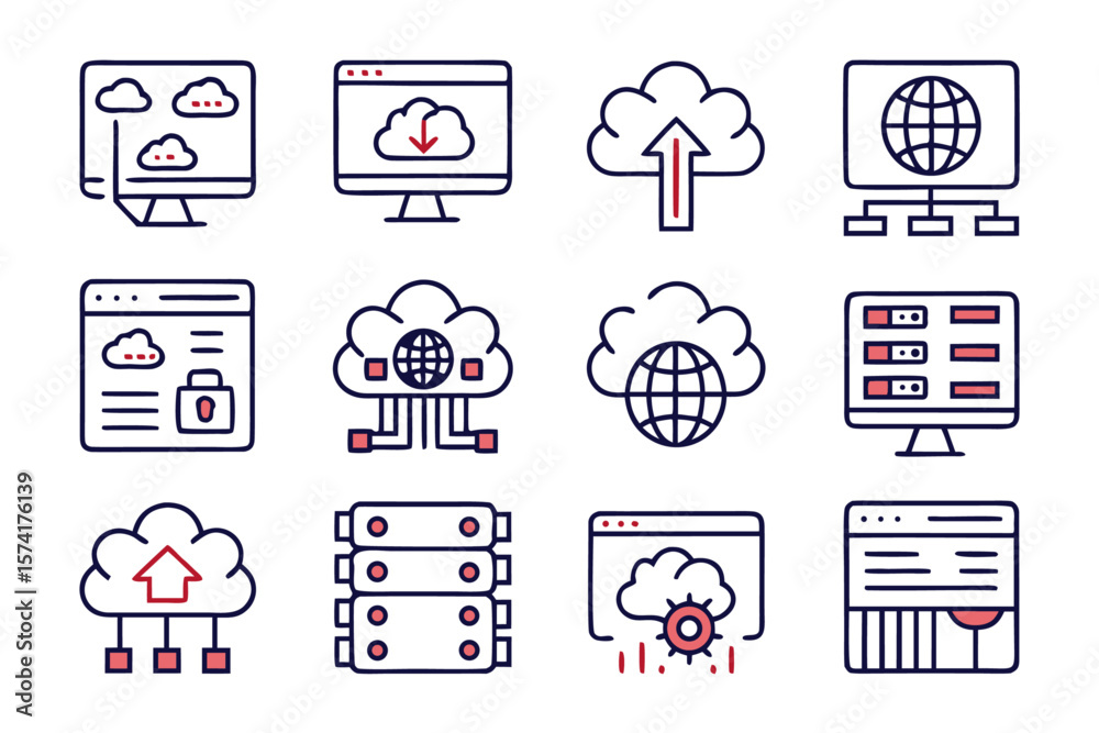 Poster comprehensive collection of clean line art symbols representing essential web hosting services and d