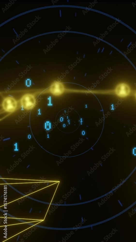 Poster binary code and network connections over digital tunnel animation