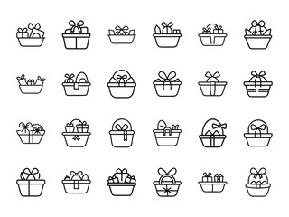 Bundle of Gift Basket Icons in Silhouette Line Art Style on White Background – Holiday Hamper, Present Basket, and Celebration Container Vector Set for Festive Packaging and Event Design