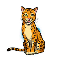 Fototapeta premium Cute cartoon cheetah sits upright with dotted fur, looking adorable. Cheetah illustration showcases playful, spotted fur and a cheerful expression.
