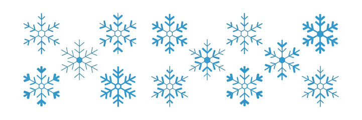 Blue Snowflakes Border, Winter Decoration Elements on White Background. Isolate