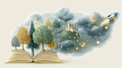 Whimsical Journey: Open Book with Dreamscape Forest, Castle, and Rocket Adventure. National Literacy Month