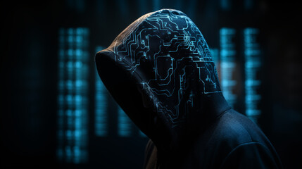 Mysterious hacker shrouded in darkness, wearing a hoodie with circuit patterns glowing a cool blue hue, suggesting technology and coding.