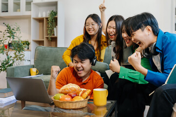 Lifestyle people. happy people of college students excited overjoyed examination results with good news over smartphone or Laptop computer.